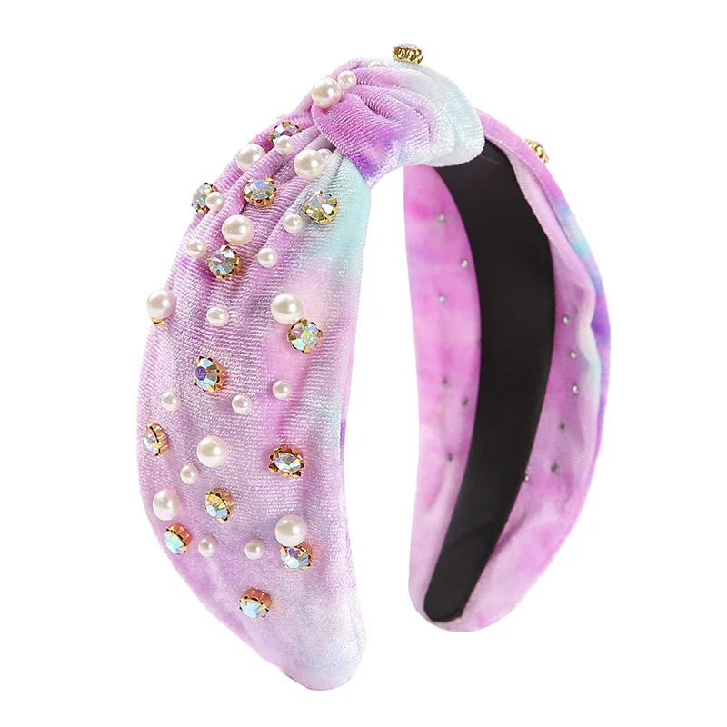 

Sweet Candy Color Tie-Dye Headband Rhinestone Crystal Pearl Hair Hoop for Women Girls Versatile Hair Accessories