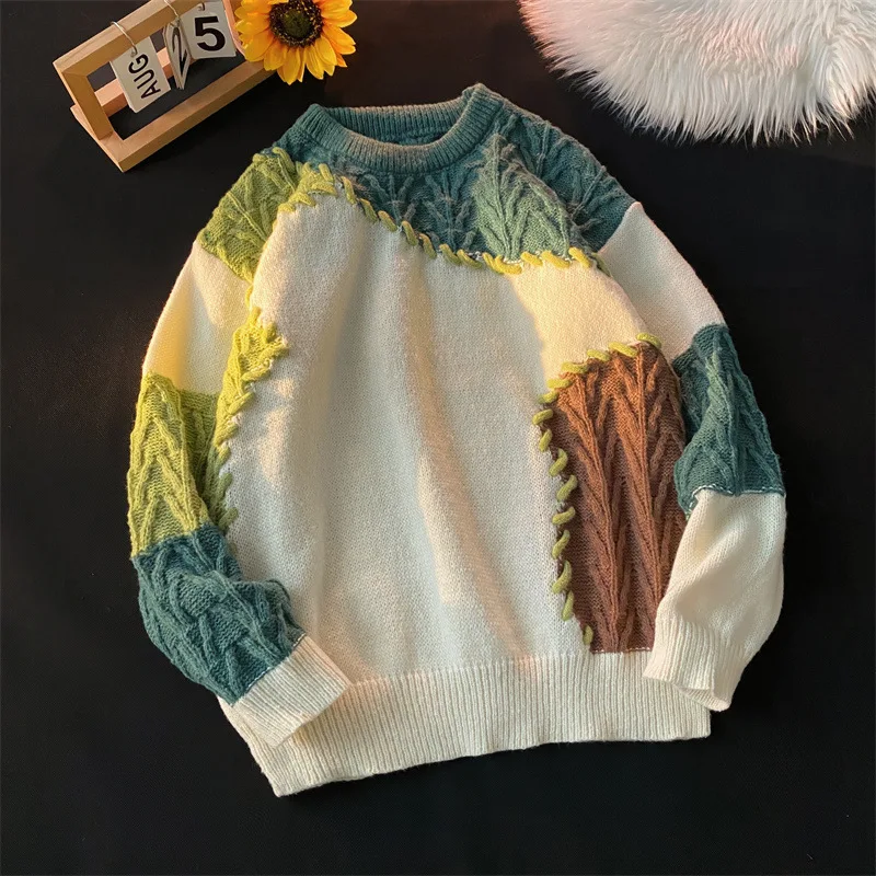 

Splicing Contrasting Sweaters Men Autumn Winter Deer Plush Soft Loose Knit Tops Korean Style Trendy Knitwear Fashion Streetwear