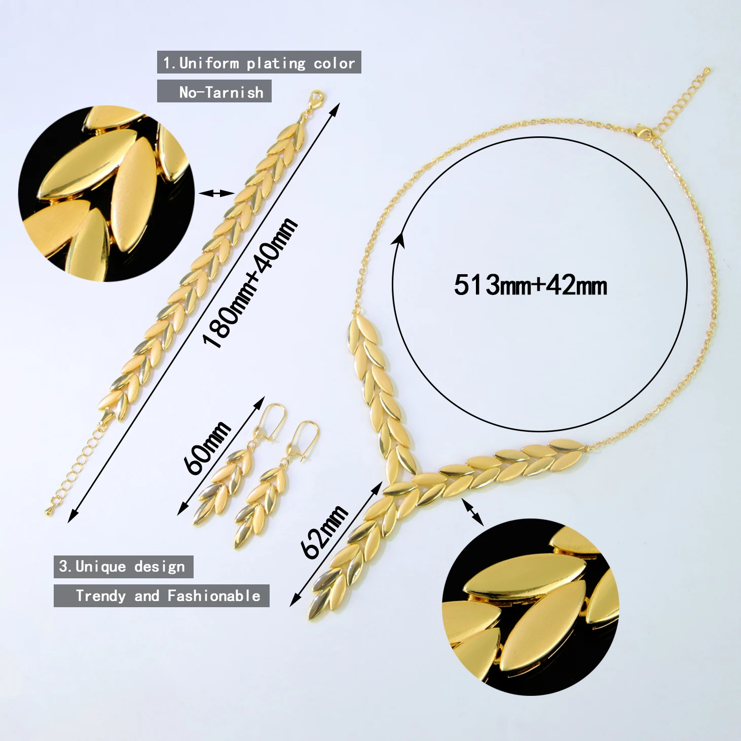 Nigeria Edles Braut-Hochzeitsschmuck-Set, 21 Karat vergoldet, italienische elegante Blatt-Halskette, Armband, Ohrringe, brasilianischer Goldschmuck – Detail 7
