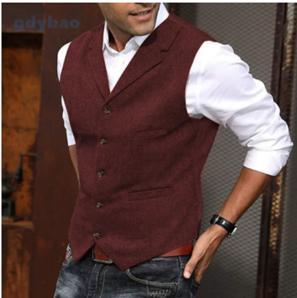 Men\'s Casual Classic Suit Vest V Neck Herringbone Tweed Slim Fit Business Waistcoat For Wedding