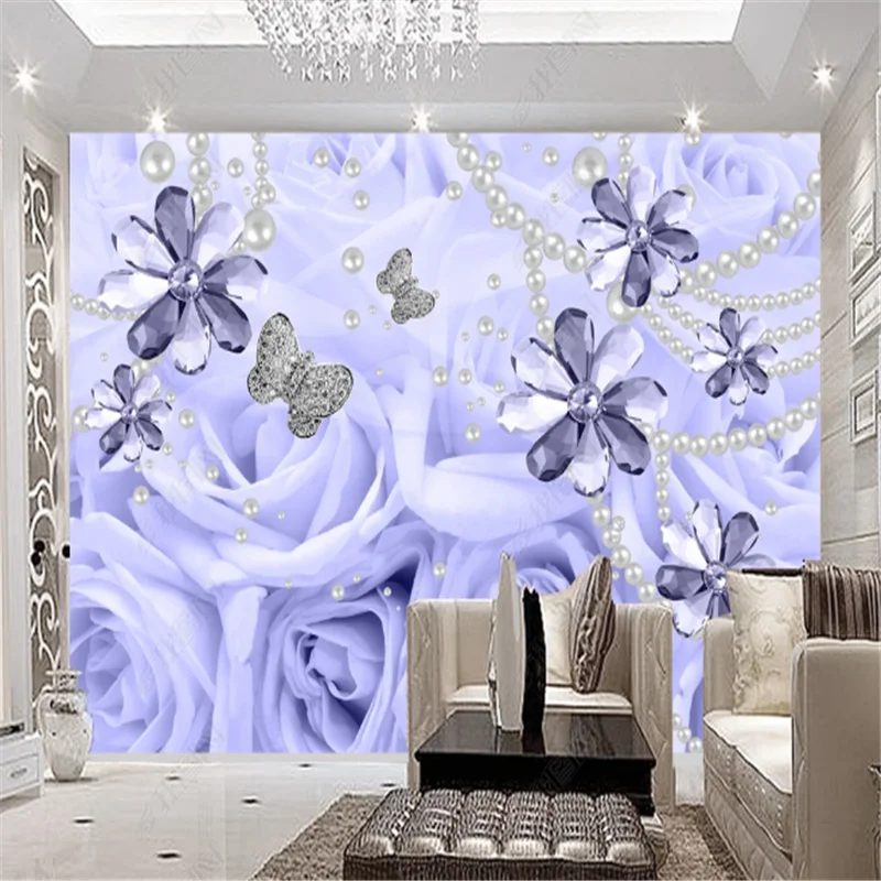 

Modern Bedroom Wallpapers Purple Pearl Rose 3D Jewelry Wallpaper for Living Room TV Background Wall Paper Home Decor 3D Mural