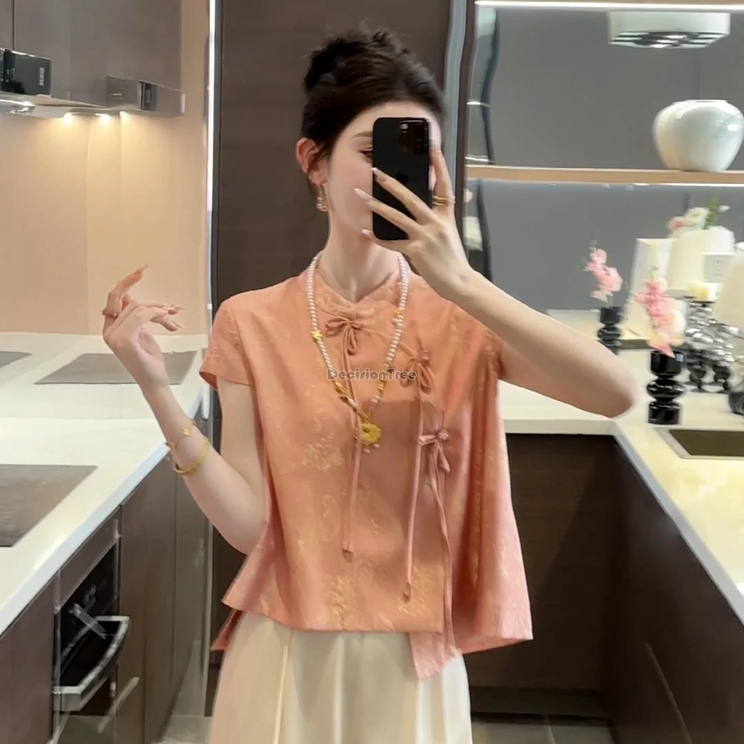 

2024 New Chinese style printed disc buckle stand collar short-sleeved qipao top women summer retro style tang suit blouse w881