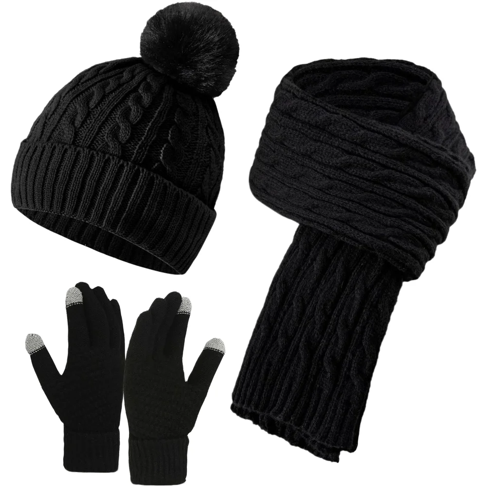 for Solid Color Women's Cable Knit 3 Piece Set Fleece Lined Hat Scarf Gloves Soft Winter Warm Accessories for Outdoor
