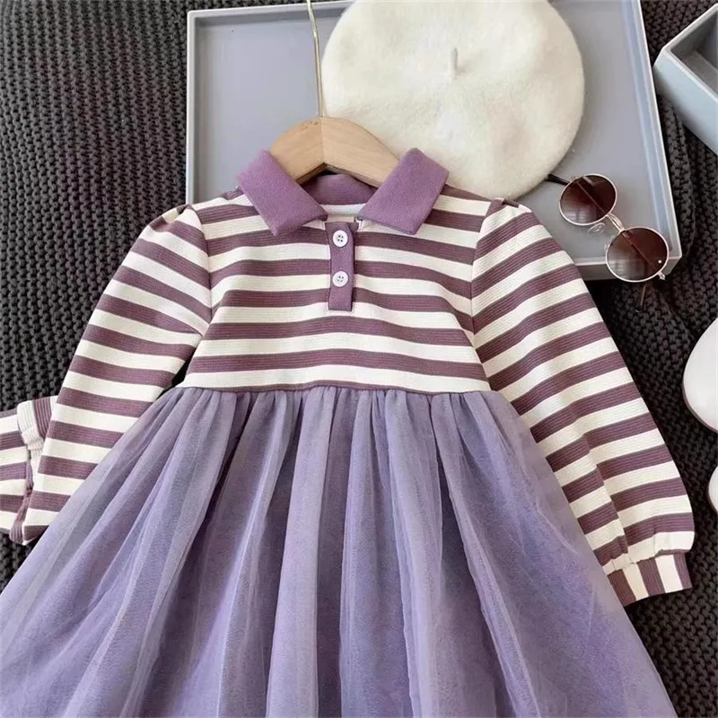 

Trendy New Style Girls' Dress Long Sleeve Striped Trendy Mesh Patchwork Princess Dress Children's Dress