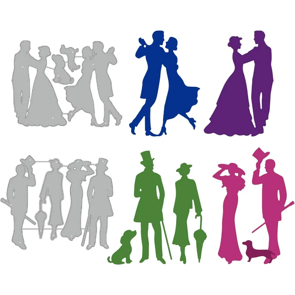 8Pcs Retro Dress Couples Cutting Dies Couple Walking Dog Retro Dress Couples Dancing Embossing Stencils Template for Card