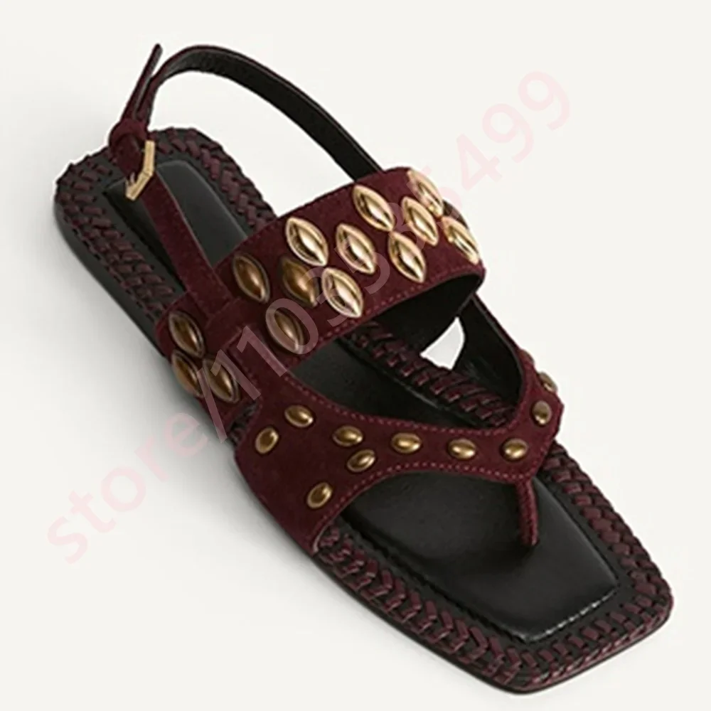Women's Summer Rivet Woven Clip Toe Sandals Casual Bohemian Style Flat Roman Beach Vacation Street Fashion 2026