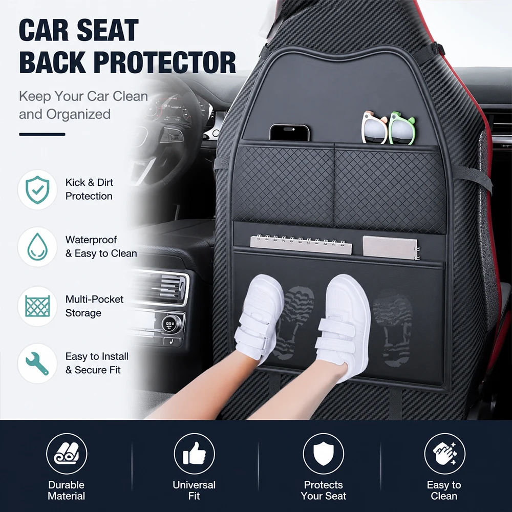 

PU Leather Car Seat Back Protection Mat, Anti-Kick Cover with Storage Pockets & Tablet Holder, Universal Kids Car Seat Kick Pad
