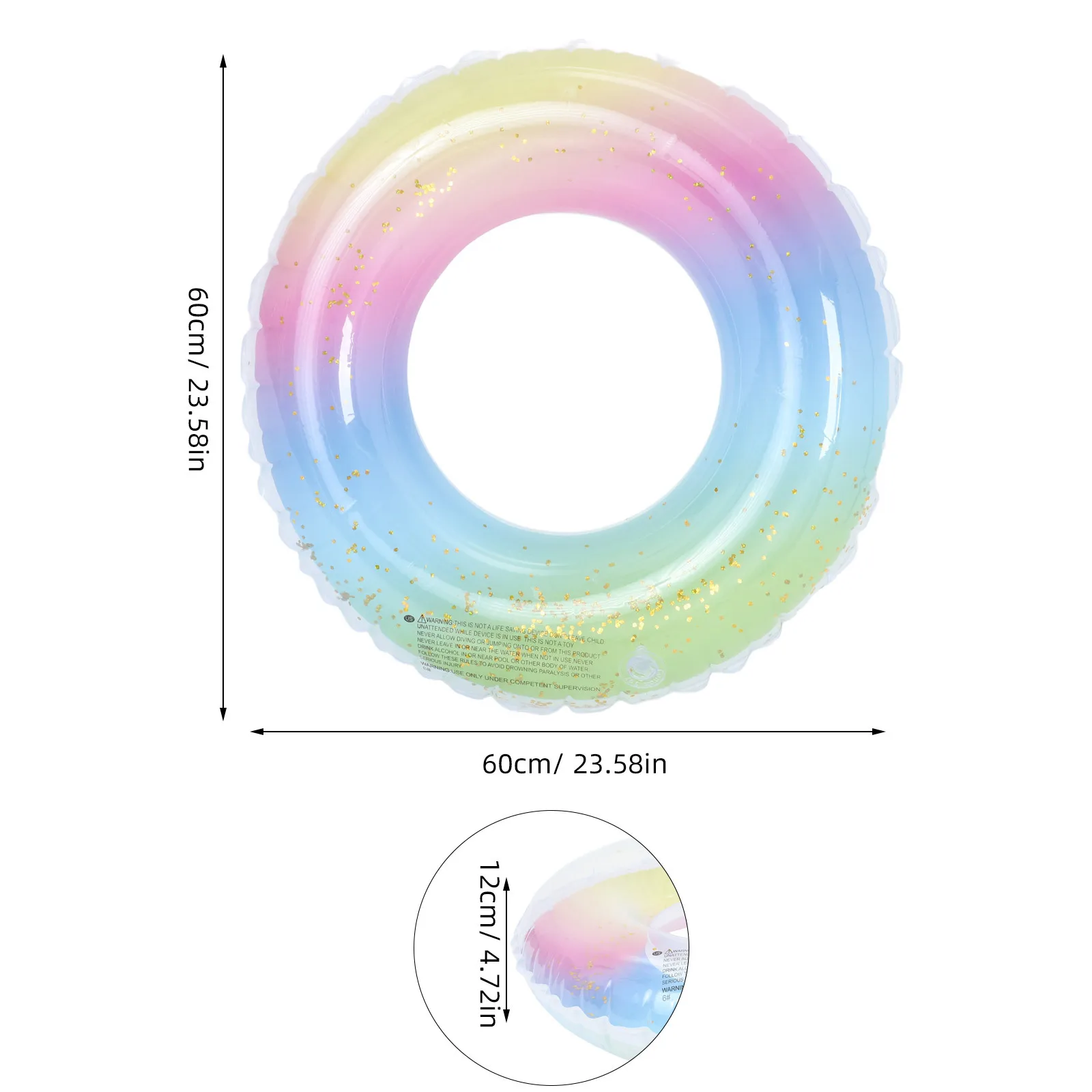 Thicken Sequins Translucent Gradient Rainbow Inflatable Swim Ring 60Cm Easy Inflate Deflate Pool Beach Lake Accessory