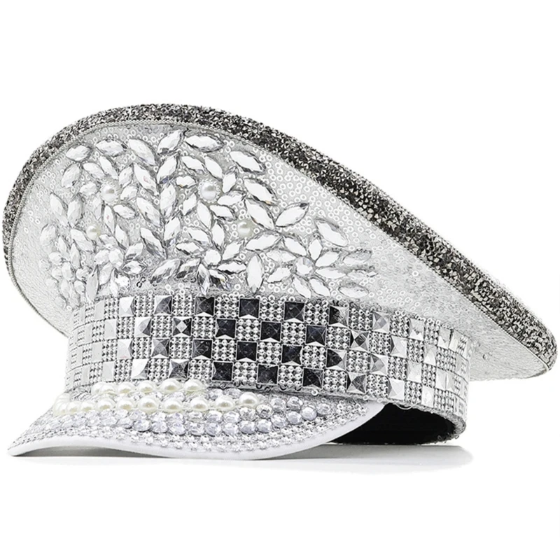 

Silver Bride Hat with Diamond&Sequins Wedding Performances Bride Hat for Adult