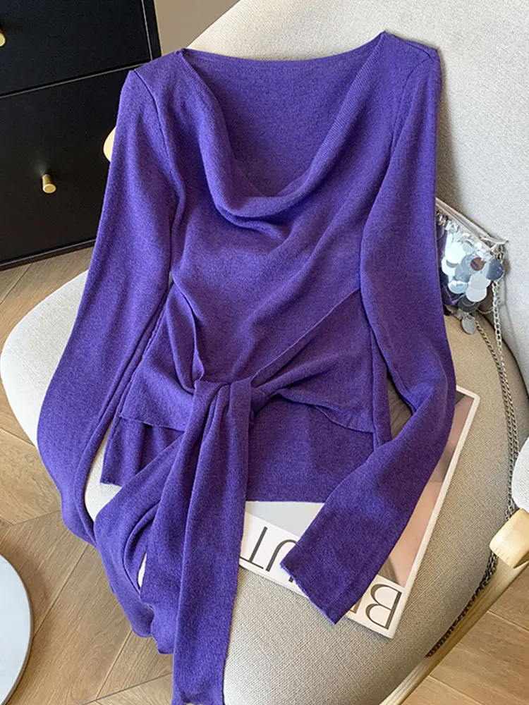 

Ele Purple Knitted Sweater Women's Spring Autumn Waist Cinched Strapl Knitwear Simple Commute Sle Long Sve Crew Ne