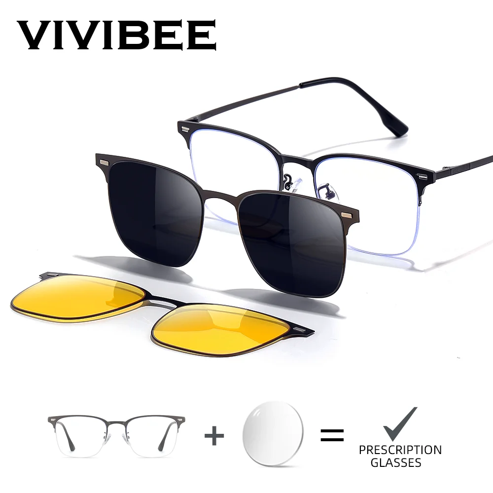 VIVIBEE Customized Prescription Glasses 3 in 1 Magnet Clip on Titanium Polarized Sunglasses Optical Eyeglasses Photochromic