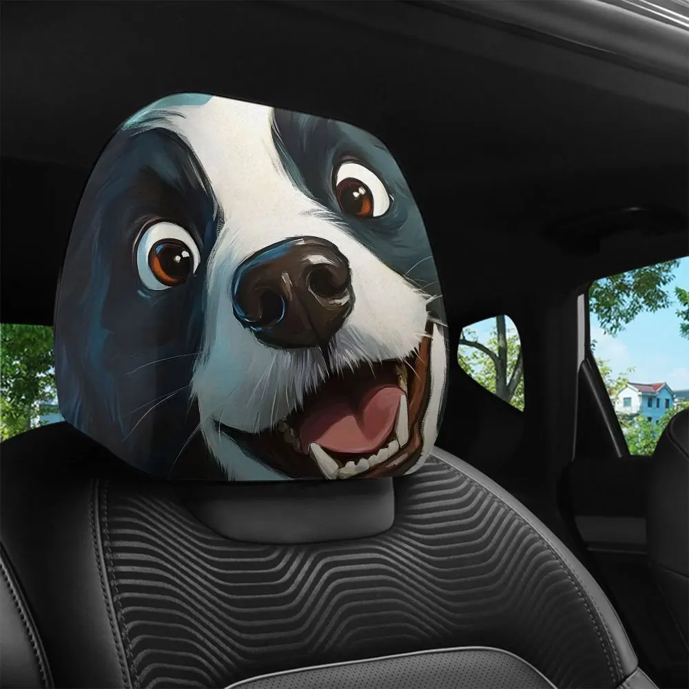 Border Collie Cartoon Print Car Headrest Cover, Snug & Comfortable, Daily Commute Car Seat Headrest Cover