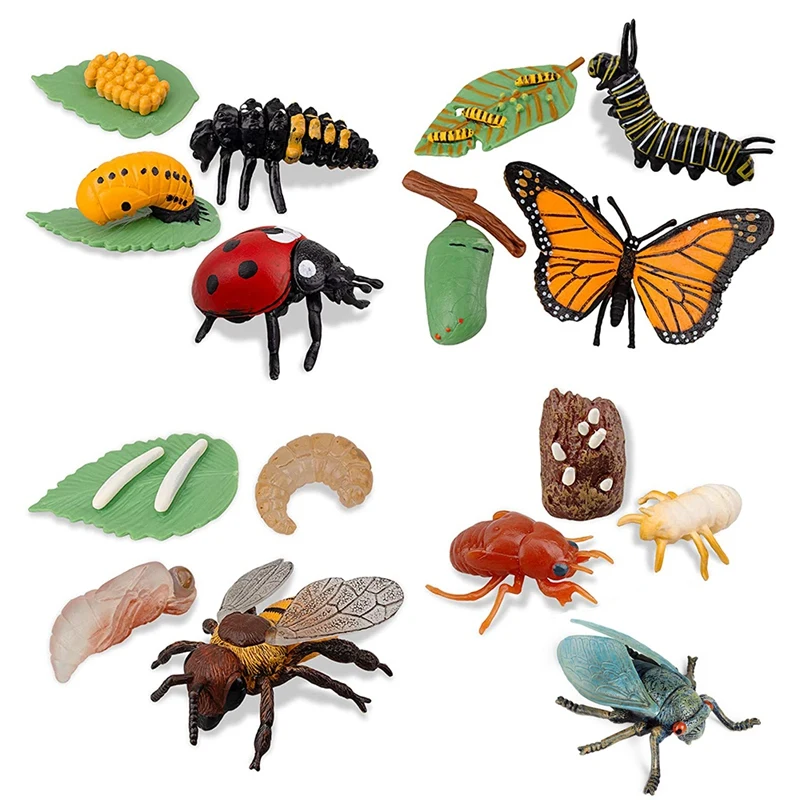 X18A-16PCS Insect Figurines Life Cycle Of Monarch Butterfly,Honey Bee,Cicada,Ladybug, Plastic Educational School Project