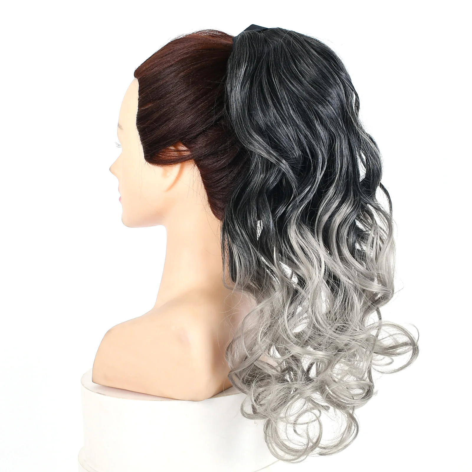Jeedou Synthetic Ponytails Gray Color Long Straight&Wavy Hair Ribbon Drawstring Ponytail Hair Extension Hairpiece