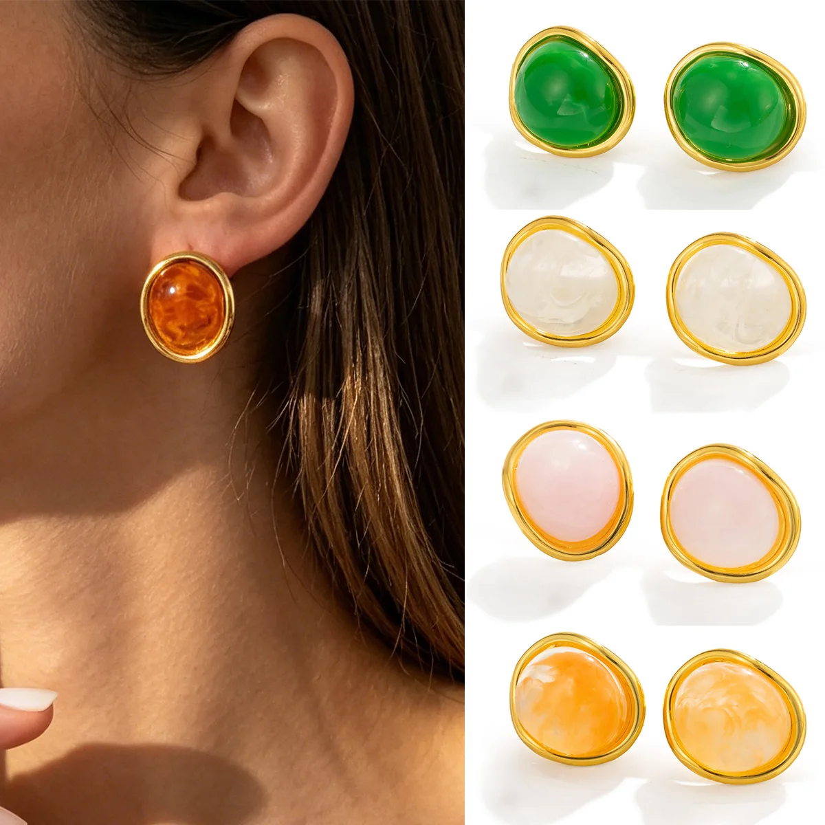 Mirror Stainless Steel Earrings Amber Gradient French Rim Simple Commuter Geometric for Women Daily Non Tarnish Silver
