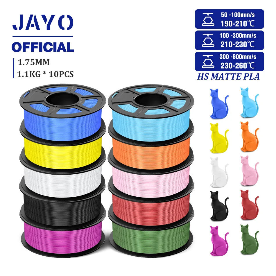 

Высокоскоростная матовая нить PLA 3D JAYO 1,75 мм PLA, классическая нить для 3D-принтера, 10 рулонов, высокопрочная матовая нить с аккуратной раной