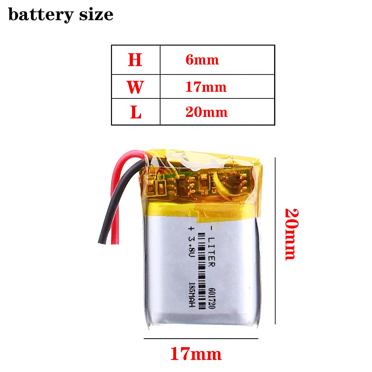 3.8V 601720 185mah 0.703Wh rechargeable li-polymer Polymer lithium battery for Smart watch battery