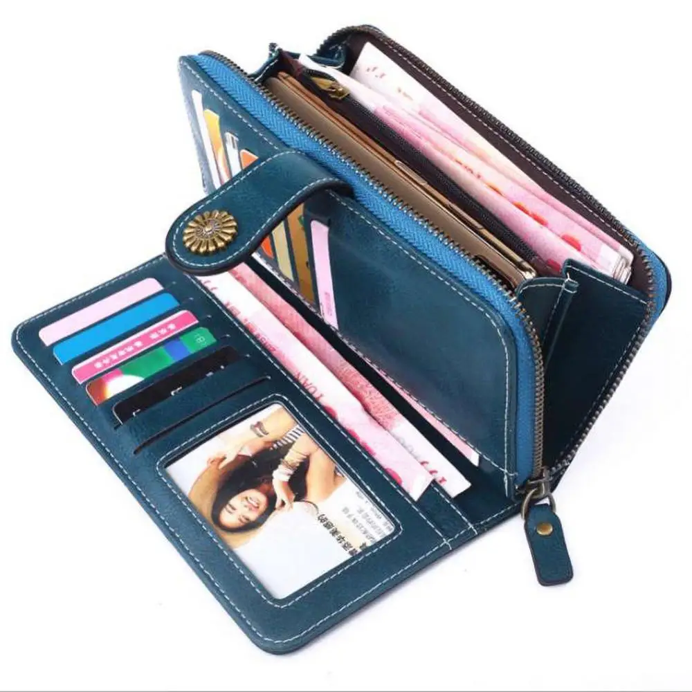 

Womens Long-style Wallet Oil-wax PU Leather Zipper Hand-carry Wallet with Phone Compartment Multi-functional Organizer for Cards
