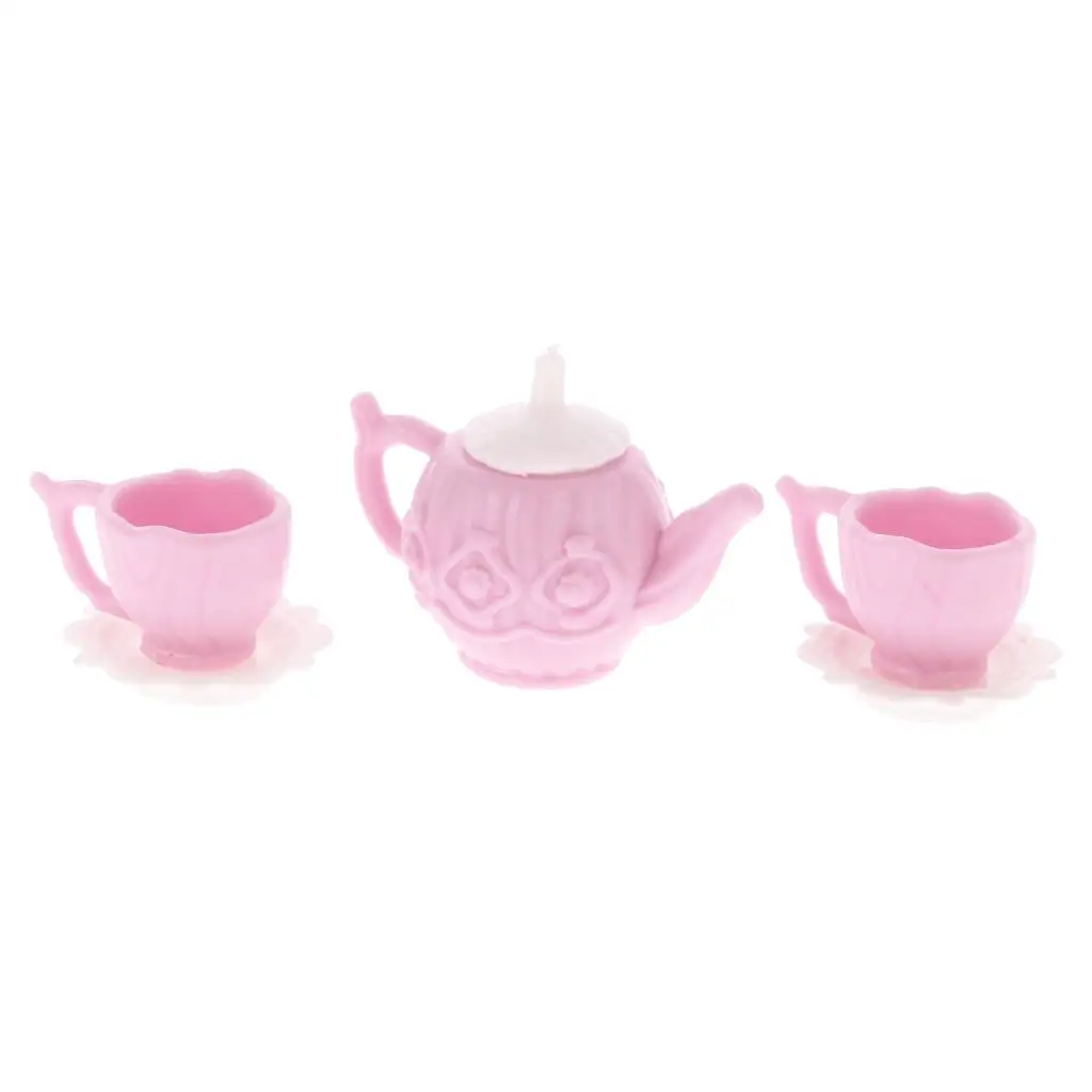 10 Sets Dollhouse Miniature Plastic Pink Tea Pot with 2 Cups Tableware Accessory