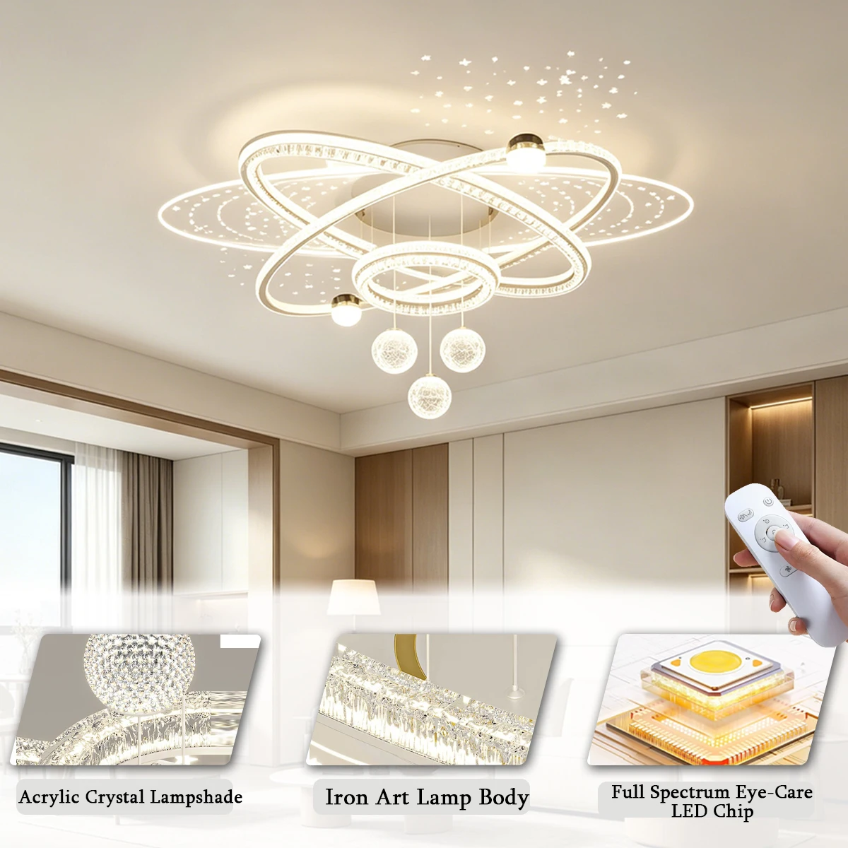 2026 New 100cm Luxury LED Ceiling Light, Starry Sky Projection Full Spectrum Eye-Care Acrylic Crystal Chandelier for Living Room