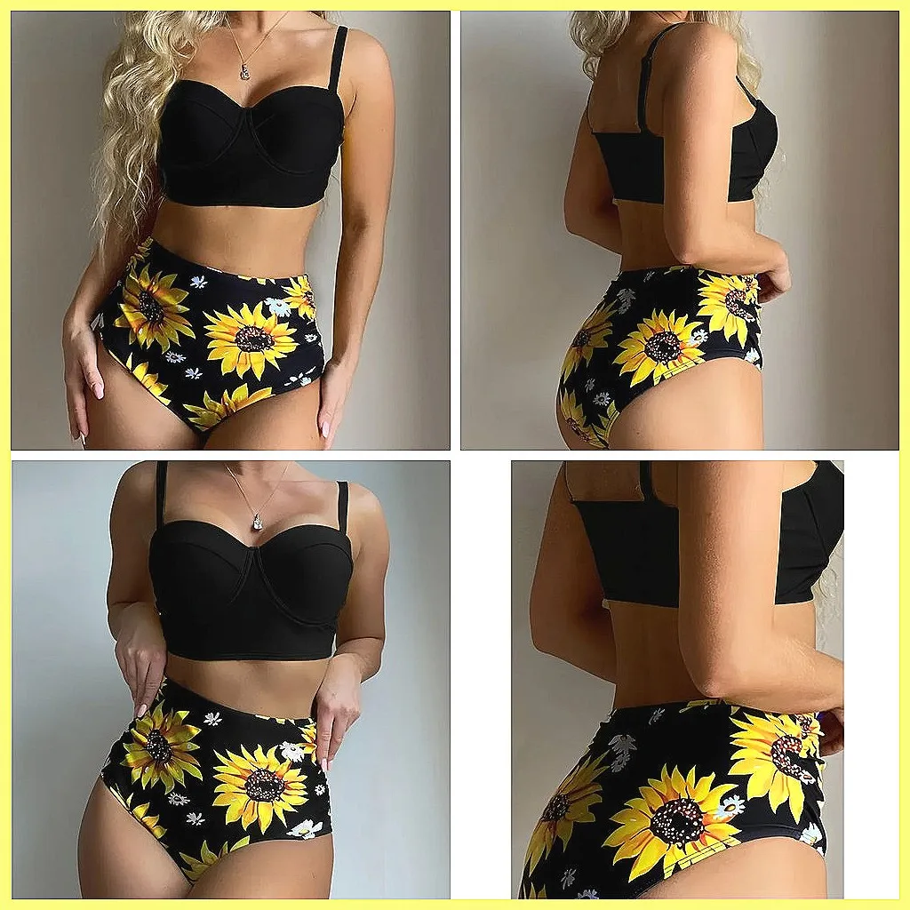 

Сексуальный комплект бикини с эффектом пуш-ап и высокой талией - пляжный купальник с цветочным принтом для женщин