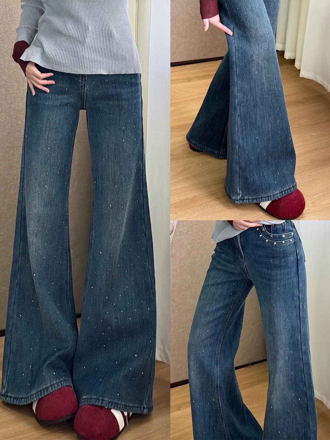 

High Waist Bell Bottom Denim Jeans Women's Summer plus Size Elastic Slimming Floor Length Pants Vintage Washed Blue