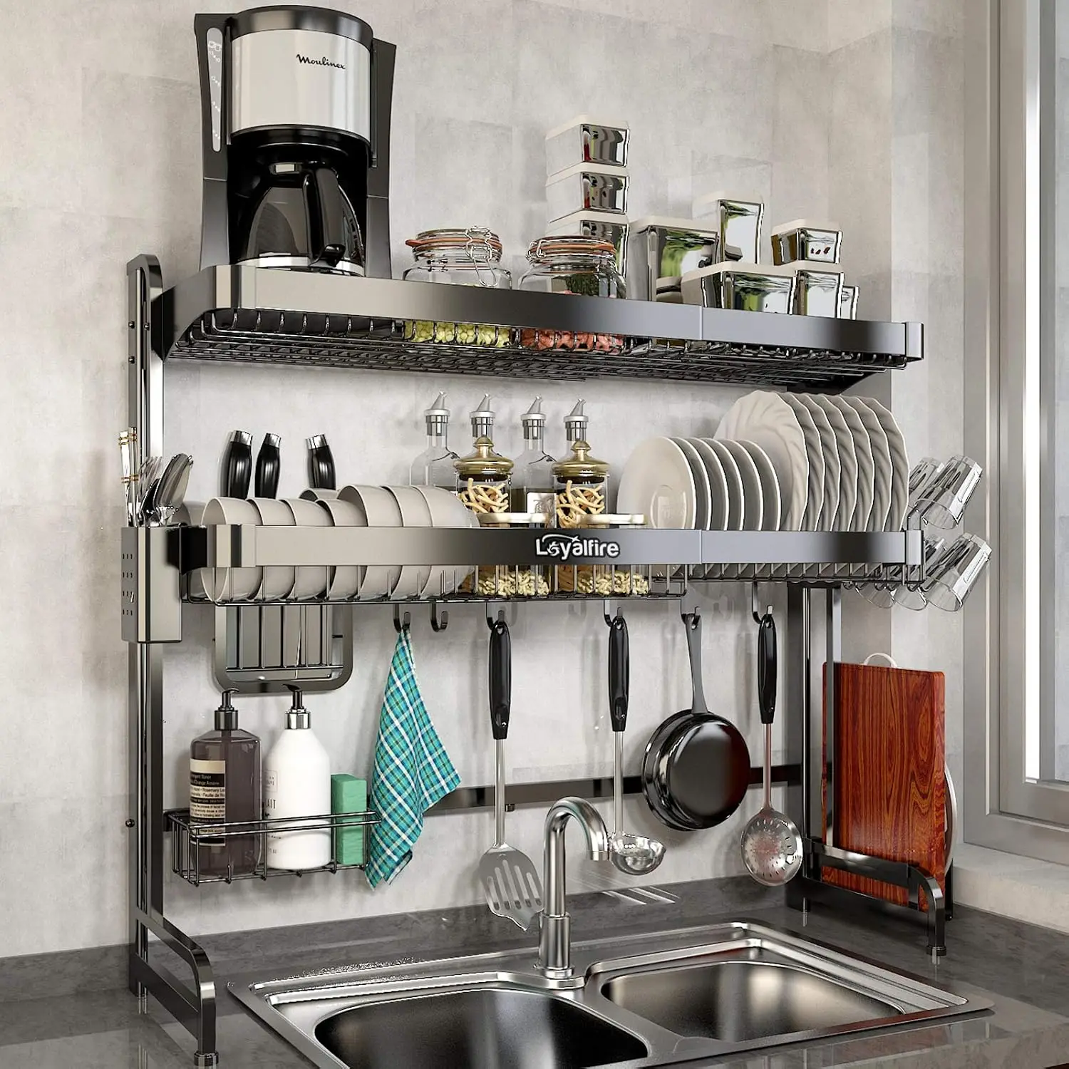 Over Sink Dish Drying Rack, 3 Tier Adjustable Length (20.87'' to 37.6'') Full Stainless Steel Large Storage Kitchen Dish Rack, E