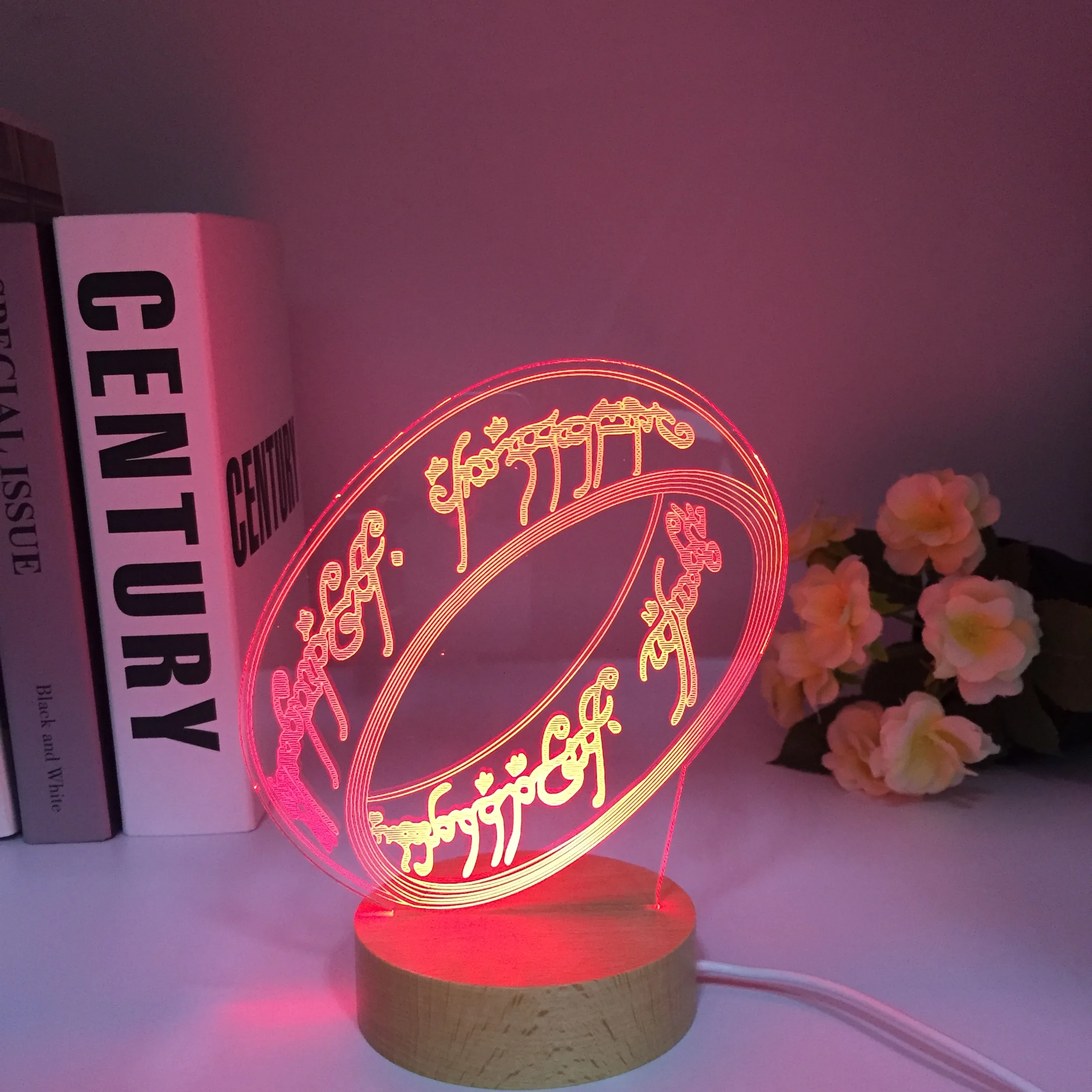 The Rings 3D Wooden Ring Shape Acrylic LED Night Light Touch 7 Colors Changing Table Lamp Decorative Light Wood Decor Gift