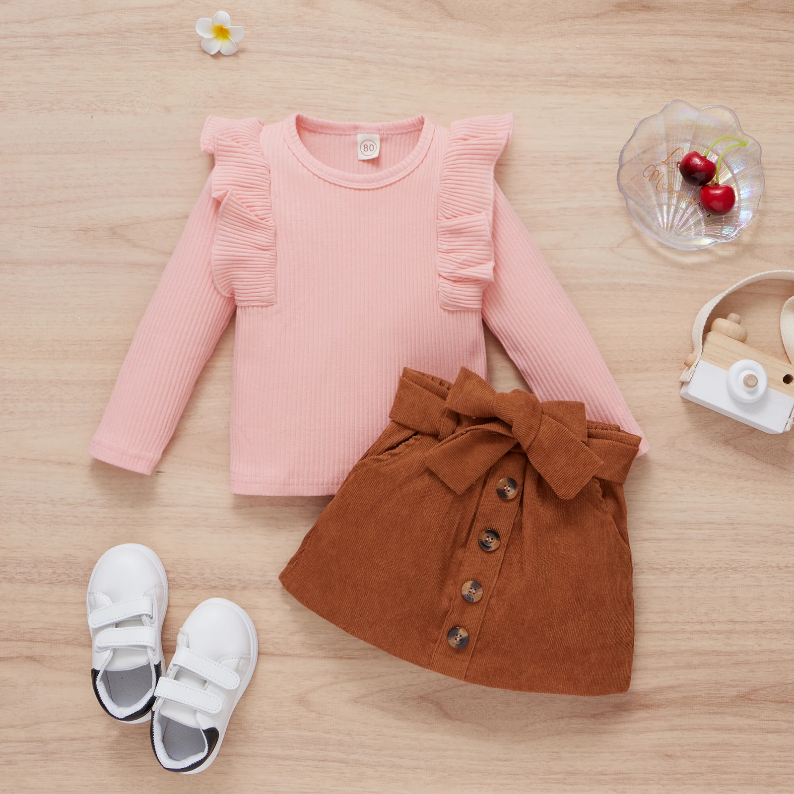 3PCS Autumn And Winter 1-4 Year Old Girls Trend Fashionable Round Collar Solid Color Flying Sleeve Top + Coffee Color Skirt