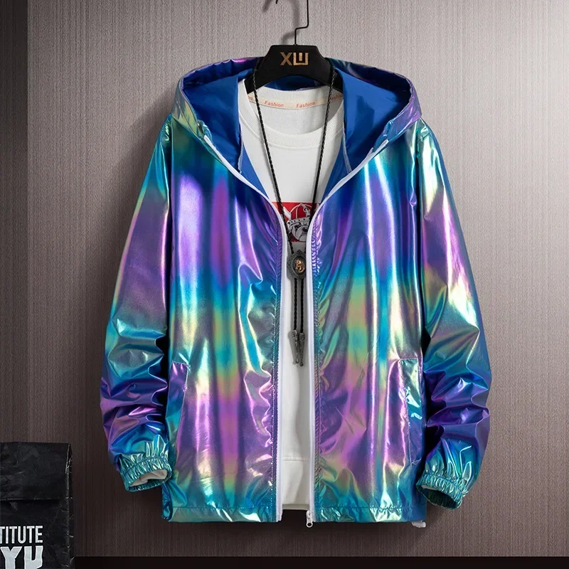 

2022 Men's Summer Ultra-Light Hood Jacket Thin Windbreaker Fashion Shiny Sunscreen Casual Zipper Coat Packable Bomber Jacket