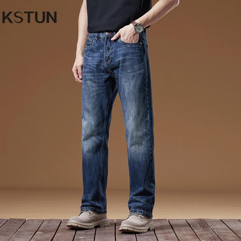 KSTUN Men's Jeans Straight Cut Men Wide Leg Pants Office Jeans Trousers Classic Blue Vintage American Style Loose Mens Clothes