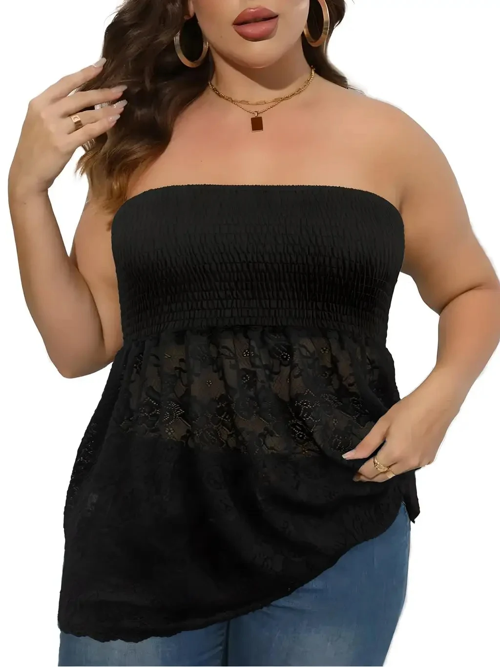 XXXL Lace Tube Top Plus Size Women Summer Holiday Beach Smocked Vest Bandeau Tank Casual Off Shoulder Sleeveless Strapless Tops