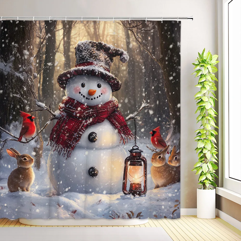 Christmas Snowman Rabbit Shower Curtain Red Bird Winter Forest Snowflake Snow Scenery Farmhouse Xmas Bathroom Decor With Hooks