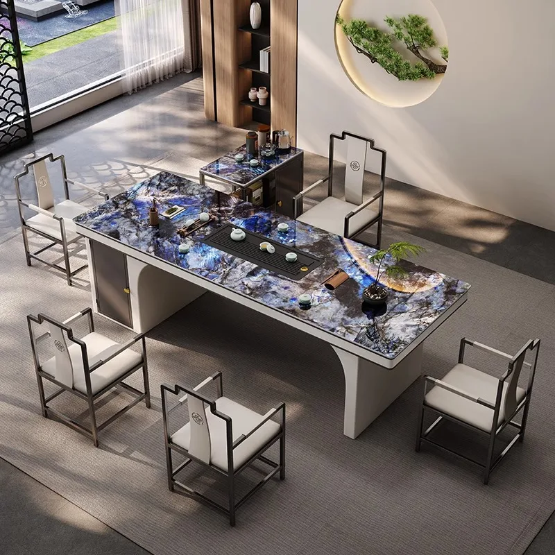 

Rock slab tea table and chair combination modern light luxury high-end large slab balcony home office integrated tea table coffe
