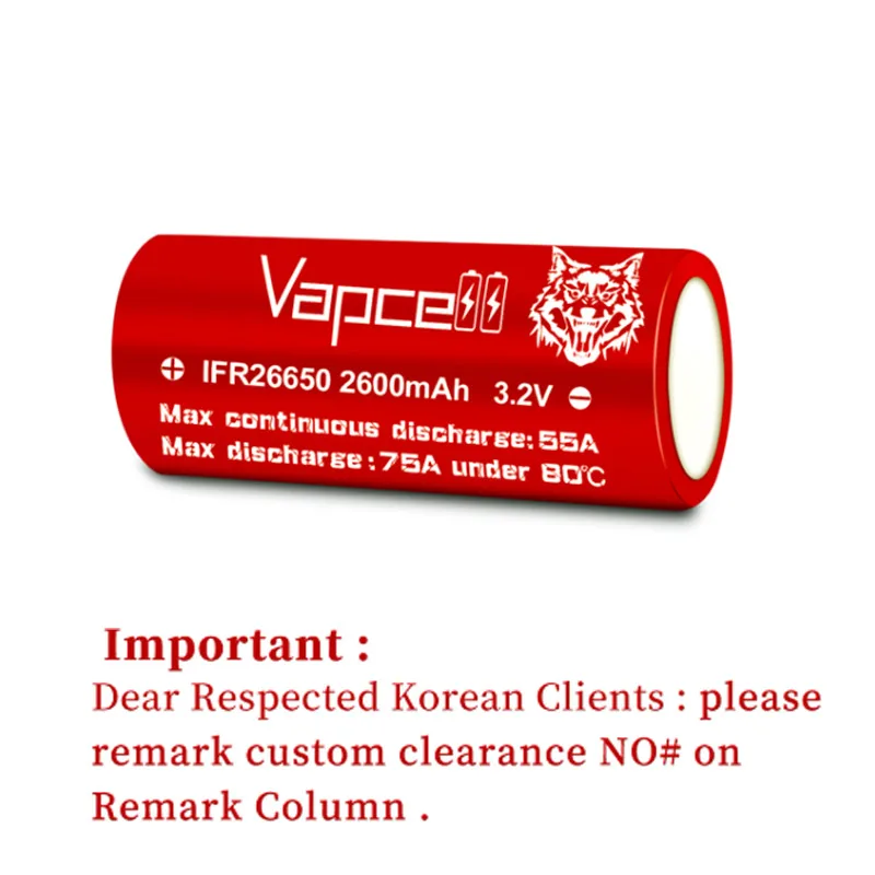 

Original Vapcell IFR 26650 Battery 2600mAh High Discharge Current CDR 55A Max 75A 3.2V lifepo4 High Power Rechargeable Batteries