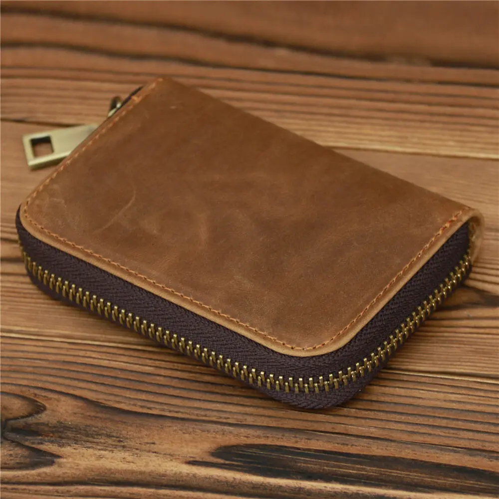 Retro VIP ID Bank Credit Card Holder Zipper Organ Wallet Slim Small Cards Cases Crazy Horse Genuine Leather Mens Card Bag
