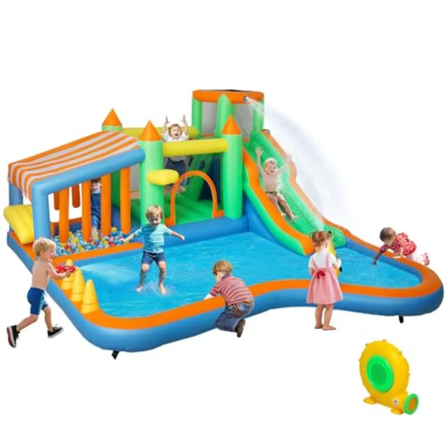 Tobogán acuático inflable con piscina de salpicaduras grande, parque acuático de casa hinchable 8 en 1 con soplador de alta potencia de 680W, pozo de bolas, bote de agua