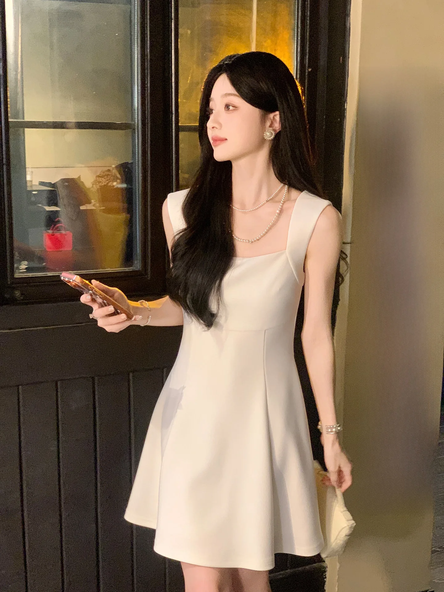 Vestido blanco elegante de corte ajustado con tirantes y cintura, para primavera, con cremallera invisible, falda acampanada, holgado, para mujer