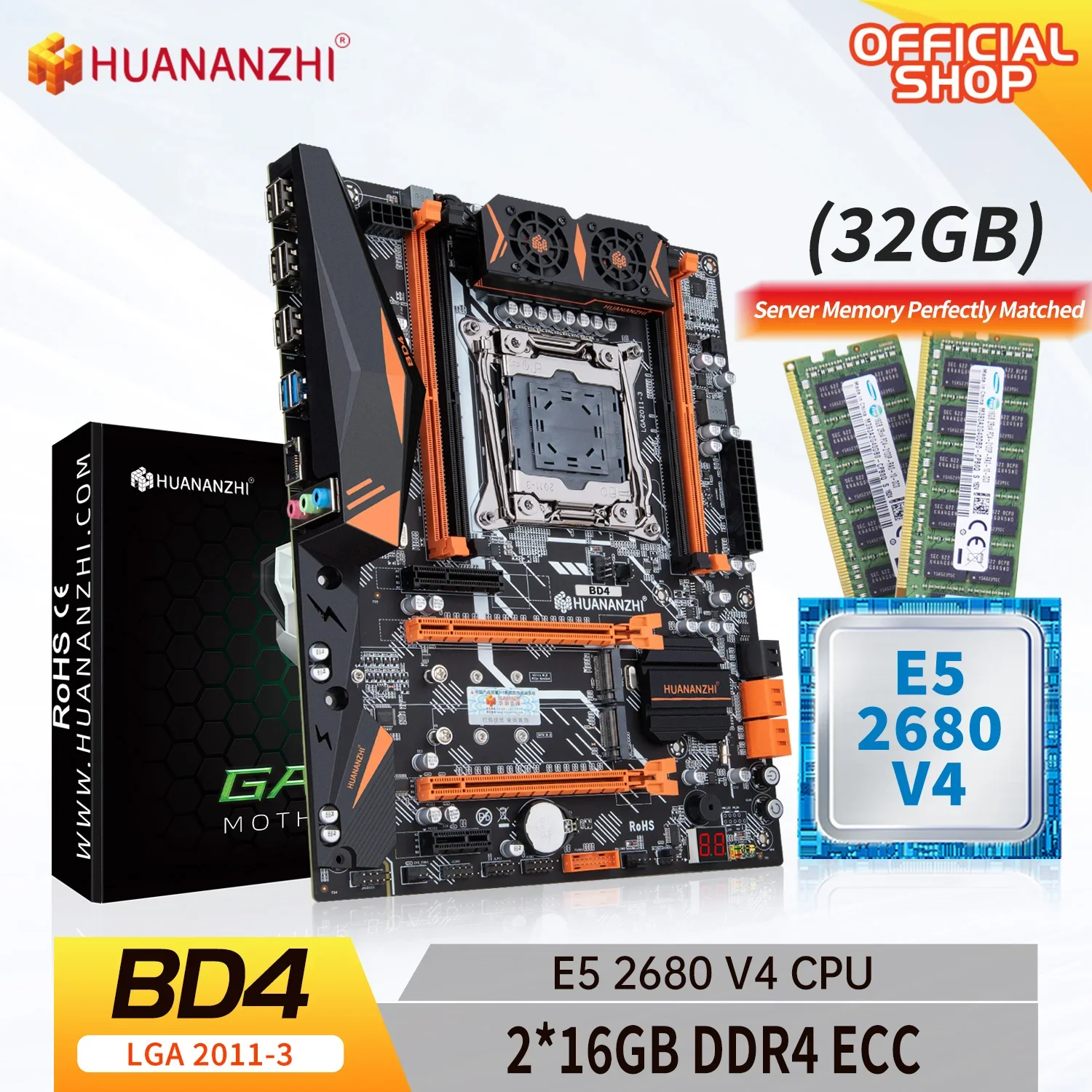 HUANANZHI X99 BD4 LGA 2011-3 XEON X99 Motherboard with Intel E5 2680 v4 with 2*16G DDR4 RECC memory combo kit set NVME NGFF