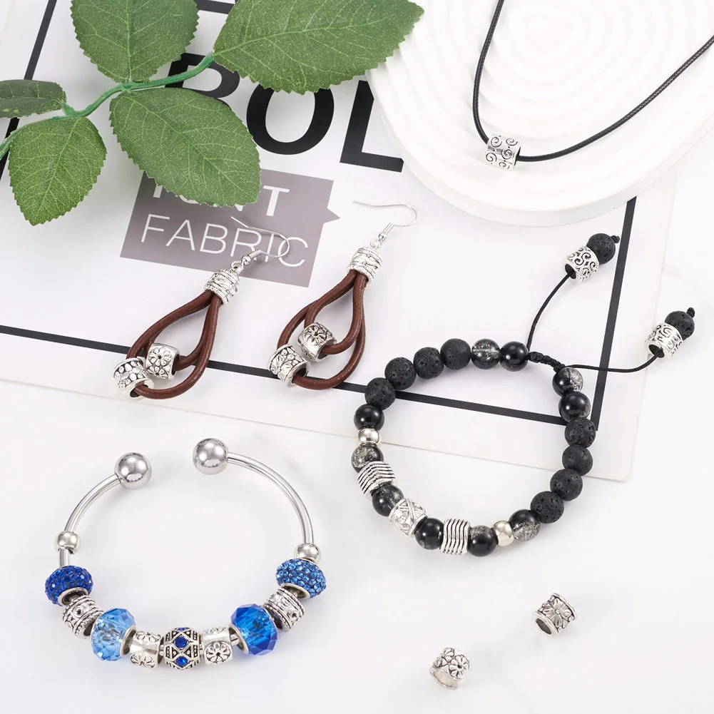 Kissitty 100Pcs Antique Silver Color Column Tibetan Style European Beads for Bracelet Earring Necklace Jewelry Making Gift