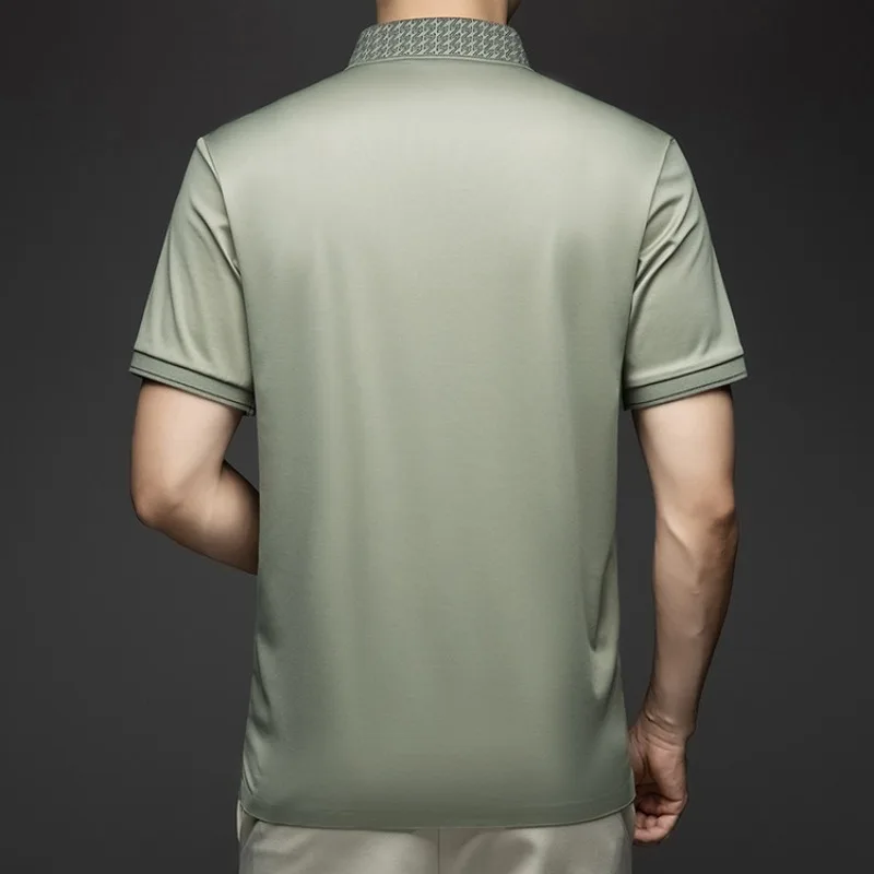 Men's Polo Shirts Short Sleeve Business Casual T Shirt Silk Cotton Classic Fit Striped Polo for Men Summer