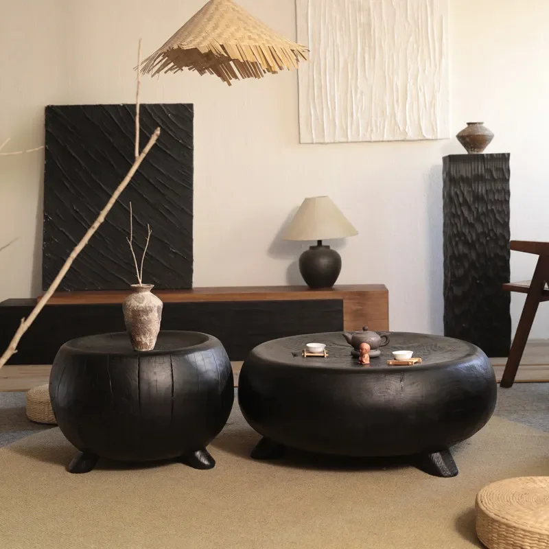 Wabi Sabi Black Carbonized Solid Wood Round Coffee Table Natural Tree Stump Design for Living Room Home Decor