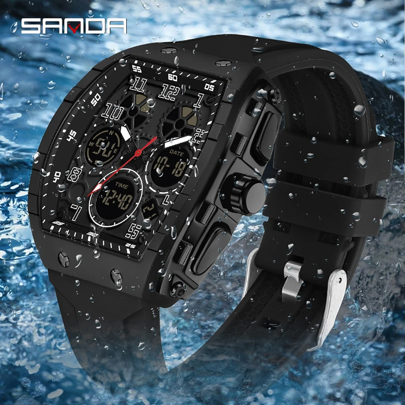 SANDA 6157 Neue elektronische Uhren der Marke, digital, multifunktional, modischer Trend, Herrenuhr, Silikon, wasserdicht, Wecker für Herren