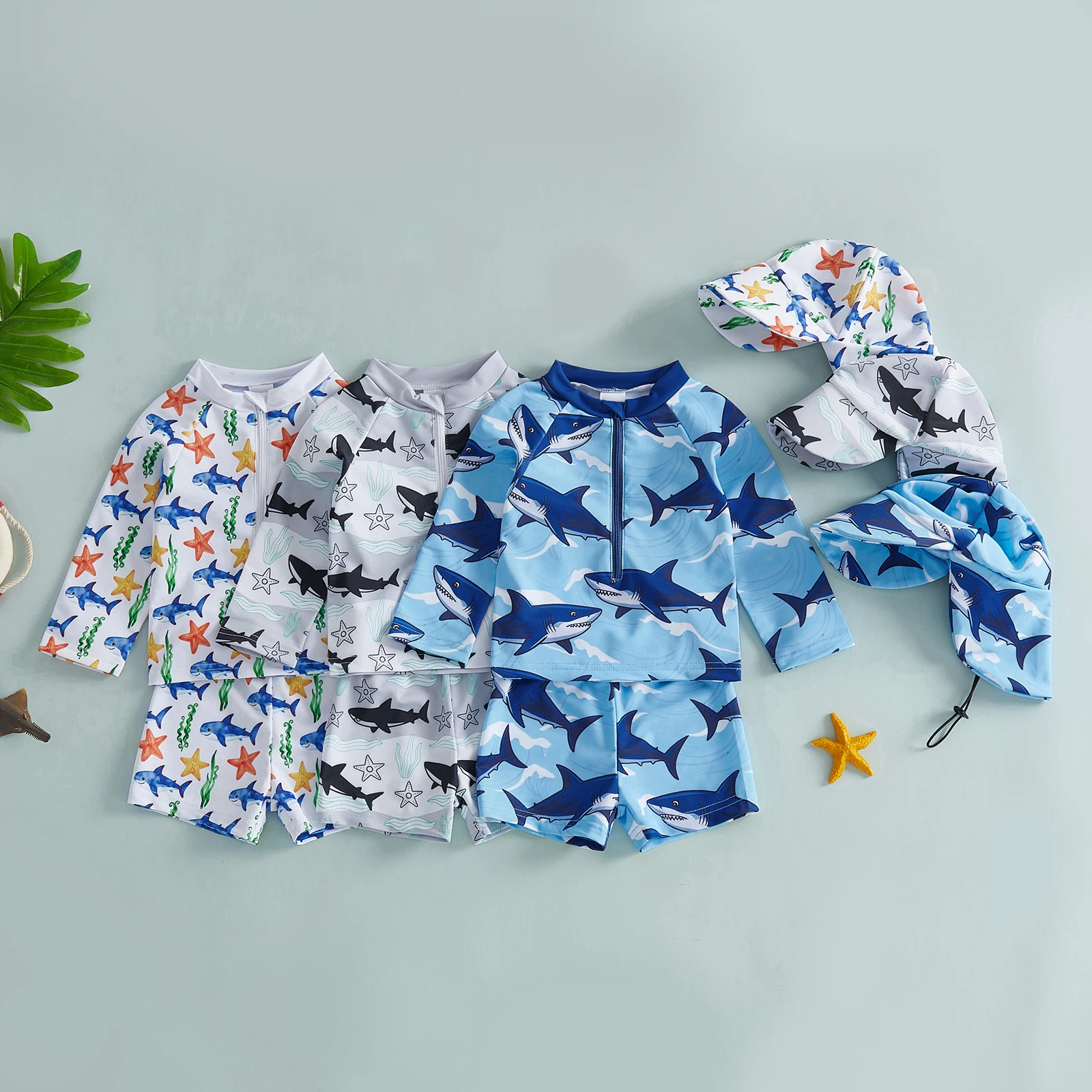 0-3Y Toddler Baby Boys Rash Guard Swimsuits 3 Pcs Set Print Zip Up Long Sleeve Swimwear Tops Shorts and Hat