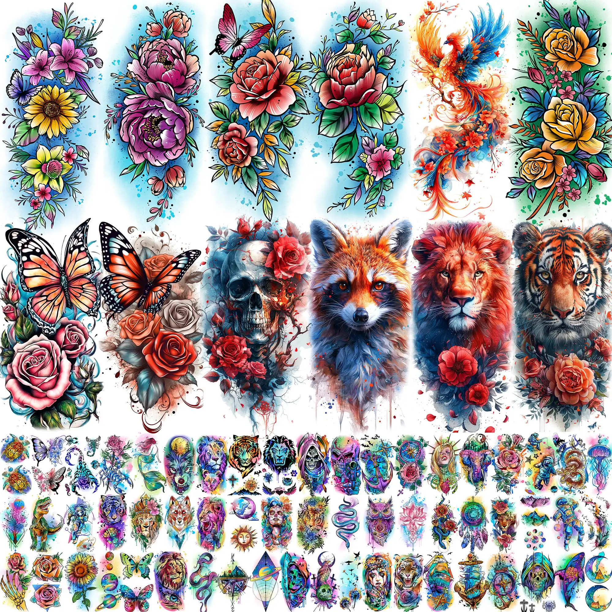 70 feuilles aquarelle pivoine Rose fleurs tatouages temporaires pour femmes papillon animaux Tatoos réaliste faux bras tatouage autocollants