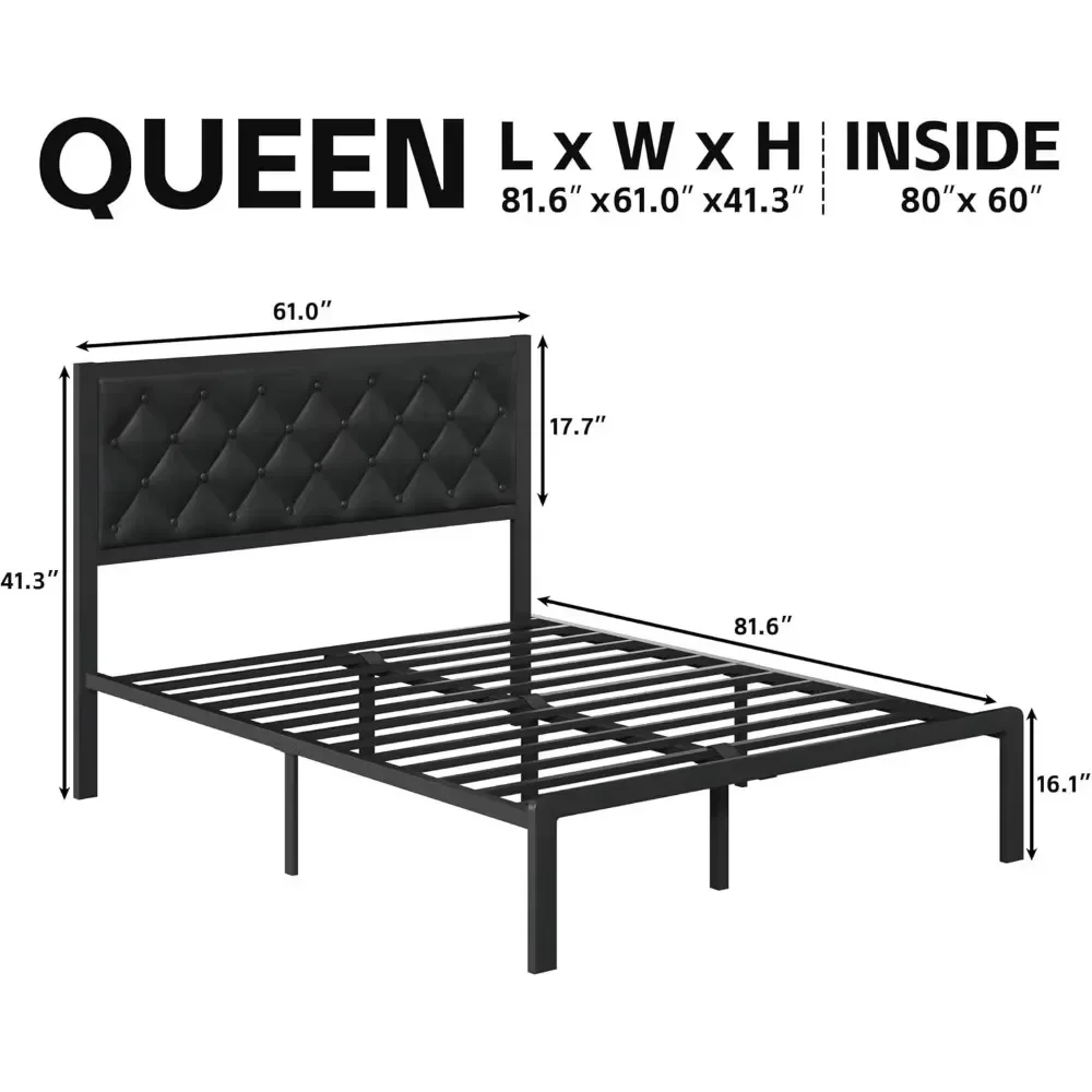 Bed Frame with Headboard PU Leather Upholstered Bed Frame Platform,All Metal Slats Support Platform Bed Frame with Storage