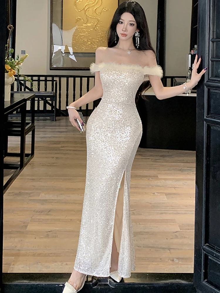 

2025 Fashion Sequins Chic Faux Collar Sexy Long Dress Women Elegant Luxury Dance Party Dress Autumn Winter Korean Bodycon Dress