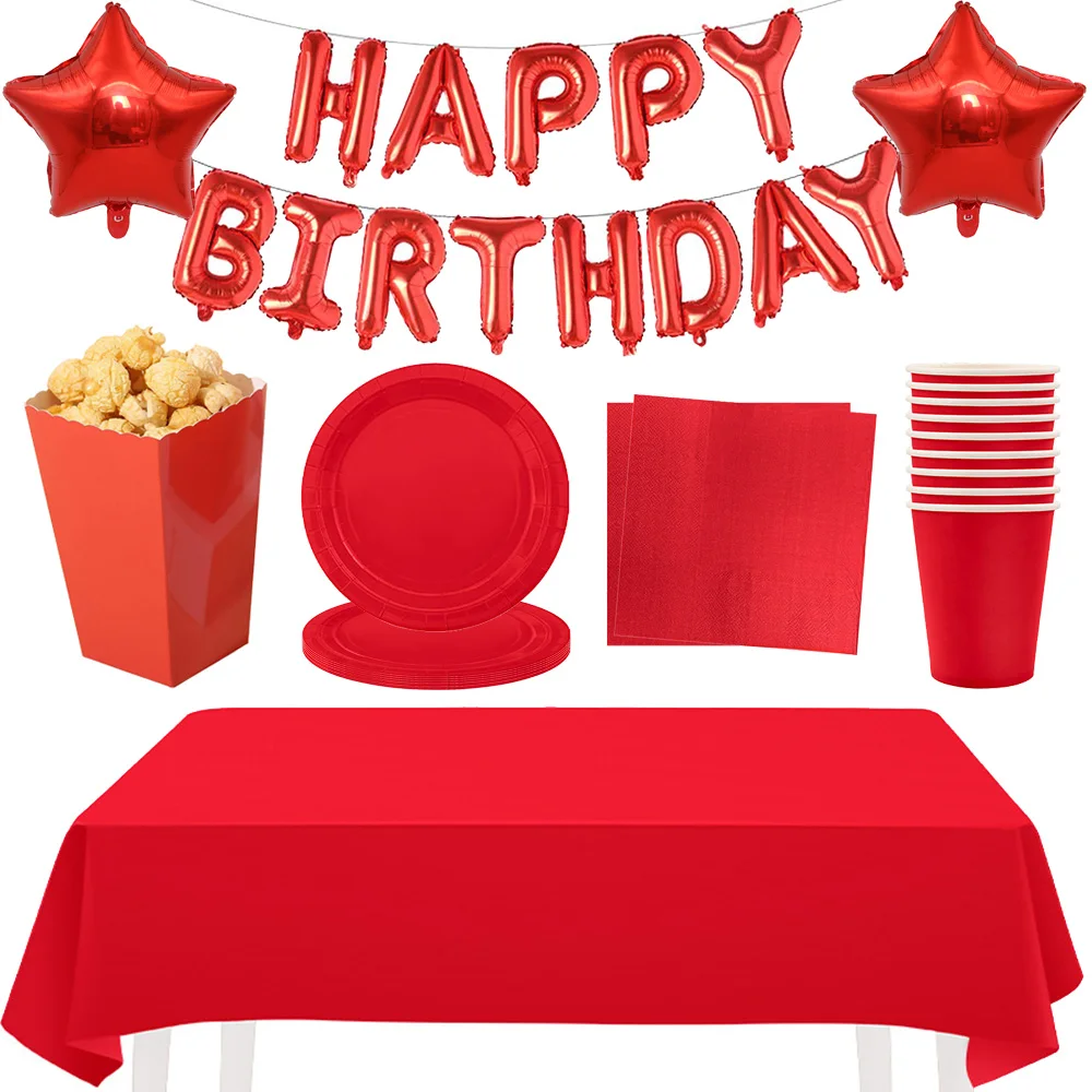 Rotes Party-Geschirr Rote Teller Servietten Becher Popcorn-Boxen Tischdecke Brautparty Babyparty Hochzeit Geburtstag Party-Zubehör – Detail 1