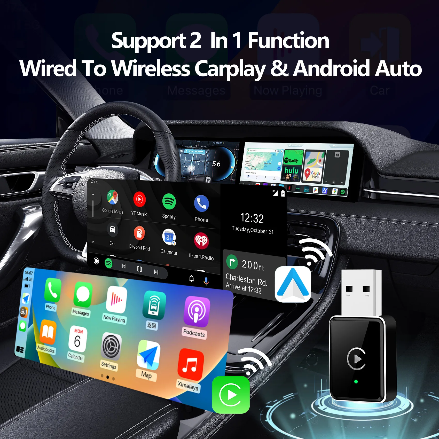2025 جديد محول Carplay اللاسلكي أندرويد السيارات 2in1 صندوق صغير ذكي واي فاي BT السيارات الاتصال لتويوتا أودي بنز كيا بورش فورد