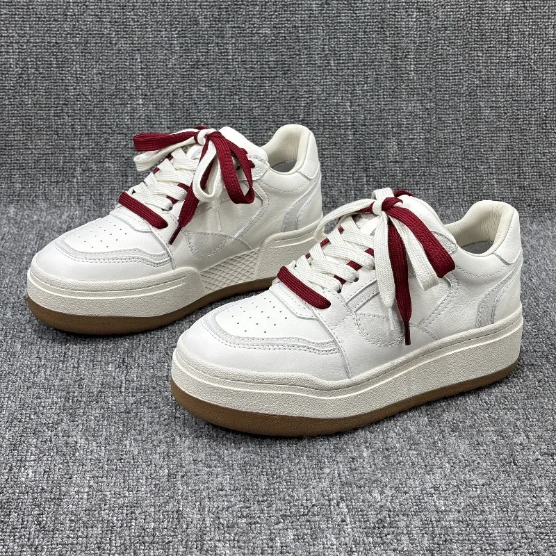 New Women Casual Shoes Genuine Leather Lightweight White Shoes Thick-soled Lace-up Sneakers Street Fashion Skate Shoes